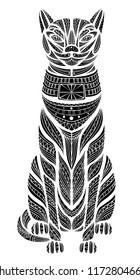 Patterned head of the cat. African / indian / Egypt totem / tattoo design. It may be used for design of a t-shirt, bag, postcard, a poster and so on. Zentangle art. 
