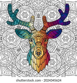 Patterned head deer. Abstract ethnic illustration of the head of a deer with ornament. Colorful ornament painted by hand. Animal in ethnic style for printing. Indian, Mexican motifs. Vector 