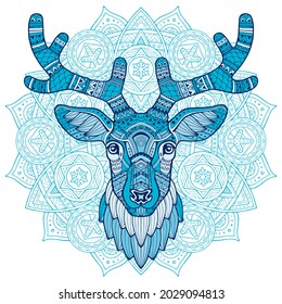 Patterned head deer. Abstract ethnic illustration of the head of a deer with ornament. Winter ornament painted by hand. Animal in ethnic style for printing. Indian, Mexican motifs. Vector illustration