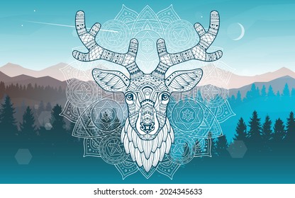 Patterned head deer on background of winter night. Mountain landscape. Abstract ethnic illustration of the head of a deer with ornament. Painted by hand. Animal in ethnic style for printing. Vector 