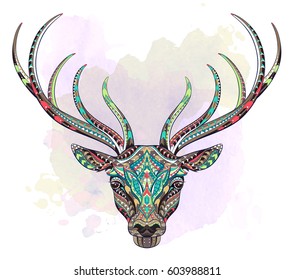 Patterned head of the deer on the grunge background. African, indian, totem, tattoo design. It may be used for design of a t-shirt, bag, postcard, a poster and so on.  