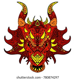Patterned head of the dragon Colored hand drawn doodle animal. Ethnic patterned vector zentangle design.
