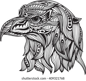 Patterned head of eagle Black and white zentangle art. Ethnic patterned illustration for antistress coloring book, tattoo, poster, print, t-shirt.