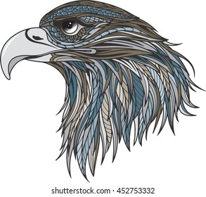 Patterned head of eagle Black and white zentangle art. Ethnic patterned illustration for antistress coloring book, tattoo, poster, print, t-shirt