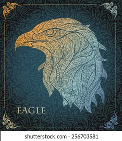 Patterned head of eagle on the floral background. African / indian / totem / tattoo design. It may be used for design of a t-shirt, bag, postcard, a poster and so on.  