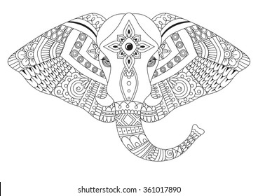 Patterned head of the elephant, vector illustration in zentangle and mehndi style. Sketch for adult antistress coloring page, tattoo, poster, print, t-shirt and so on.