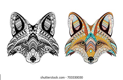 Patterned head of fox. Adult anti-stress coloring page. Black white and color hand drawn zentangle animal. African / indian / totem / tattoo design. T-shirt, bag, postcard, poster design