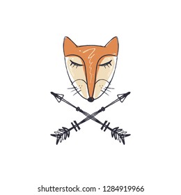 Patterned head of the fox, animal face and arrows label on white background. African or indian totem, boho style, flash tattoo design. Antistress art. Good for t-shirt design, bag, phone case, room