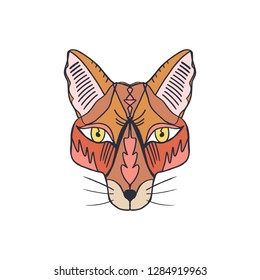 Patterned head of the fox mask, animal face on white background. African or indian totem, boho style, flash tattoo design. Antistress art. Good for t-shirt design, bag, phone case, room poster and