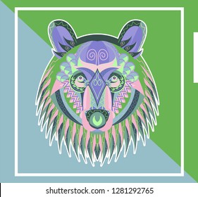 Patterned head of the growling bear on the grunge background. African / indian / totem / tattoo design