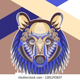 Patterned head of the growling bear on the grunge background. African / indian / totem / tattoo design