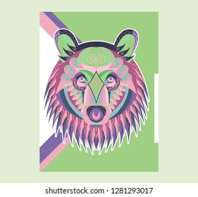 Patterned head of the growling bear on the grunge background. African / indian / totem / tattoo design