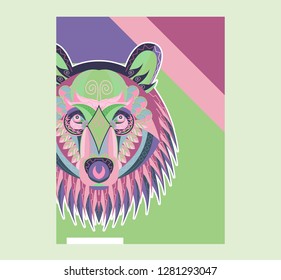 Patterned head of the growling bear on the grunge background. African / indian / totem / tattoo design