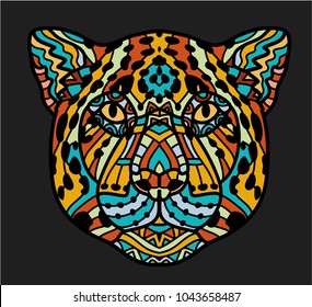 Patterned head of Jaguar. Adult anti-stress coloring page. Black white and color hand drawn animal. African, indian totem tattoo design. T-shirt, bag, postcard, poster design