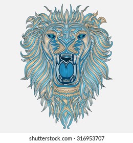 Patterned head of the lion  African / indian / totem / tattoo design. It may be used for design of a t-shirt, bag, postcard, a poster and so on