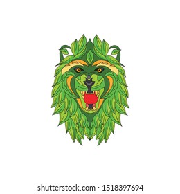 Patterned head of lion, green leaves for feathers and several other ornaments.
