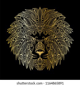 Patterned head of the lion on the grunge background. African / indian / totem / tattoo design. It may be used for design of a t-shirt, bag, postcard, a poster and so on. Zentangle art. 