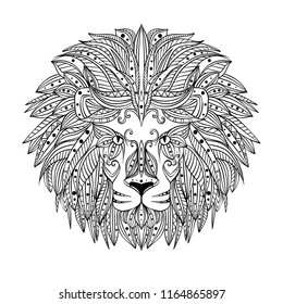 Patterned head of the lion on the grunge background. African / indian / totem / tattoo design. It may be used for design of a t-shirt, bag, postcard, a poster and so on. Zentangle art. 