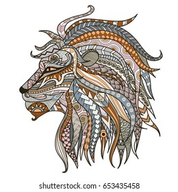 Patterned head of lion head on the white background. African,boho,indian,totem,tattoo design. Can be used for design of a t-shirt, tote bag, postcard,mug,poster and so on. Vector illustration