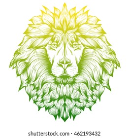 Patterned head of the lion, vector illustration in line style. Sketch for adult antistress coloring page, tattoo, poster, print, t-shirt and so on.