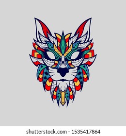 Patterned head of lynx / wild cat. Adult anti-stress coloring page. Black white and color hand drawn zentangle animal. African / indian / totem / tattoo design. T-shirt, bag, postcard, poster design 
