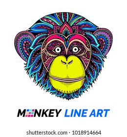 Patterned head of Monkey Gorilla chimpanzee and white zentangle art. Ethnic patterned illustration for antistress coloring book, tattoo, poster, print, t-shirt. 