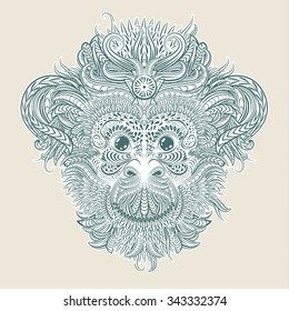 Patterned head of the monkey. Tattoo design. 2016 New Year Symbol. Vector illustration.