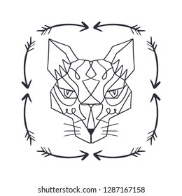 Patterned head of the oriental cat in the frame, animal face on white background. Totem, boho style, flash tattoo design. Antistress art. Good for t-shirt design, bag, phone case, room poster and