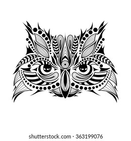 Patterned  head of the owl. African / indian / totem / tattoo design. It may be used for design of a t-shirt, bag, postcard and poster.