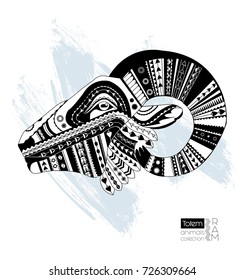 Patterned head of ram / sheep / mutton. African / indian totem / tattoo. Black and white hand drawn doodle animal. T-shirt, bag, postcard, poster design. Adult anti-stress coloring page.