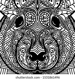 Patterned head of rat. Symbol of 2020. Ornate Chinese New Years sign. Tattoo design. Coloring page. It may be used for design of a t-shirt, bag, postcard, a poster and so on. Vector illustration.