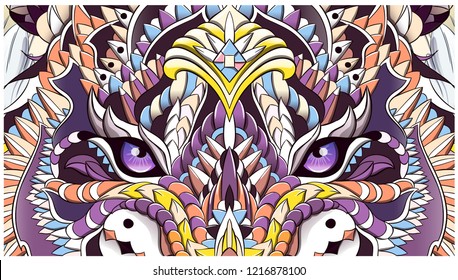 Patterned head of the roaring tiger. African, indian, totem, tattoo design. It may be used for design of a t-shirt, bag, postcard, a poster and so on.  