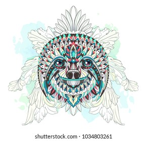 Patterned head of the sloth on the watercolor background. African, indian, totem, tattoo design. It may be used for design of a t-shirt, bag, postcard, a poster and so on.  