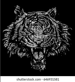 Patterned Head of the Tiger. Hand Drawn Black and White illustration.