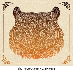 Patterned head of the tiger on the grunge background. African / indian / totem / tattoo design. It may be used for design of a t-shirt, bag, postcard, a poster and so on. 