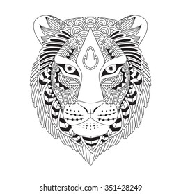 Patterned head of the tiger, vector illustration in zentangle style. Sketch for adult antistress coloring page, tattoo, poster, print, t-shirt and so on.