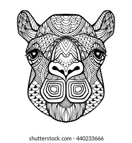 Patterned head wild animal in zentangle style. African tribal pattern in black white coloring. Camel. Lama. Kangaroo. Head of a camel. Head of a lama. Head of a kangaroo. Animal vector logo, icon. 