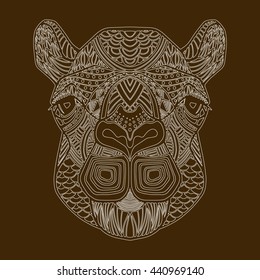 Patterned head wild animal in zentangle style - engraving, embossing. African tribal pattern. Head of a camel. Head of the animal with a white tracings, a white contour. Animal vector logo, icon.