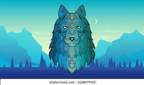 Patterned head of a wolf, coyote, dog against the backdrop of mountains, forests. Series of animals in the ethnic style. Stylized colorful wolf portrait on background.