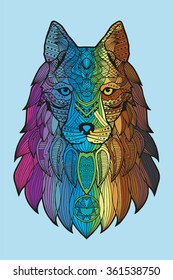 Patterned head of a wolf, coyote, dog. Abstract ethnic image of the head of a wolf with an unusual ornament. Colorful rainbow decoration painted by hand. Vector. Series of animals in the ethnic style