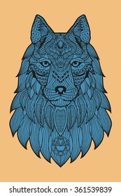 Patterned head of a wolf, coyote, dog blue on yellow. Abstract ethnic image of the head of a wolf with tribal ornaments. Ornament is painted by hand. Vector. A series of animals in the ethnic style.