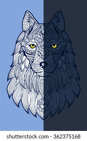 Patterned head of a wolf, coyote, dog in a checkerboard style. One side is dark and the other light. Series ethnic animals. Abstract ethnic with tribal ornament. Ornament is painted by hand. Vector. 