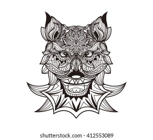Patterned head of a wolf, coyote, dog monochrome. Abstract ethnic image of the head of a wolf with tribal ornament