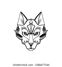 Patterned head of the wolf or dog, animal face on white background. North totem, Alaska logo, boho style, flash ink tattoo. Antistress art