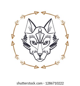 Patterned head of the wolf or dog, animal face in the frame. Alaska logo. North totem, boho style, flash ink tattoo. Antistress art