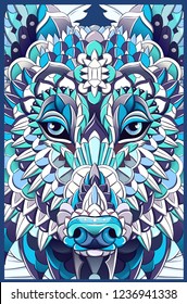 Patterned head of the wolf or dog. Tattoo design. It may be used for design of a t-shirt, bag, postcard, cover, poster and so on.  