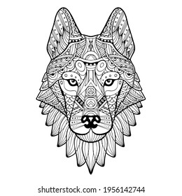 Patterned head of a wolf, husky, dog monochrome. Abstract ethnic image of the head of a wolf with tribal ornament. The ornament is painted by hand. A series of animals in the ethnic style. Vector