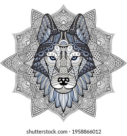 Patterned head wolf, husky, dog. Abstract ethnic image of the head of a wolf with ornament. Multicolored ornament painted by hand. Animal in ethnic style for printing. Indian, mexican motifs. Vector 
