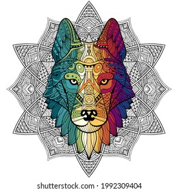 Patterned head wolf, husky, dog. Abstract ethnic image of the head of a wolf with ornament. Colorful ornament painted by hand. Animal in ethnic style for printing. Indian, Mexican motifs. Vector 