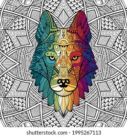 Patterned head wolf, husky, dog. Abstract ethnic image of the head of a wolf with ornament. Colorful ornament painted by hand. Animal in ethnic style for printing. Indian, Mexican motifs. Vector 